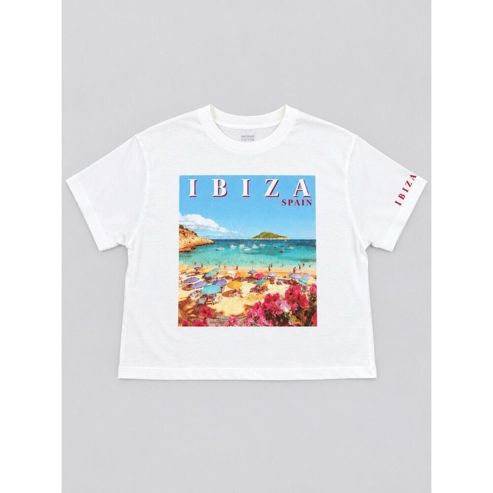 Organic Collective Ibiza Spain Graphic Crop Tee XS White Organic Cotton Beach